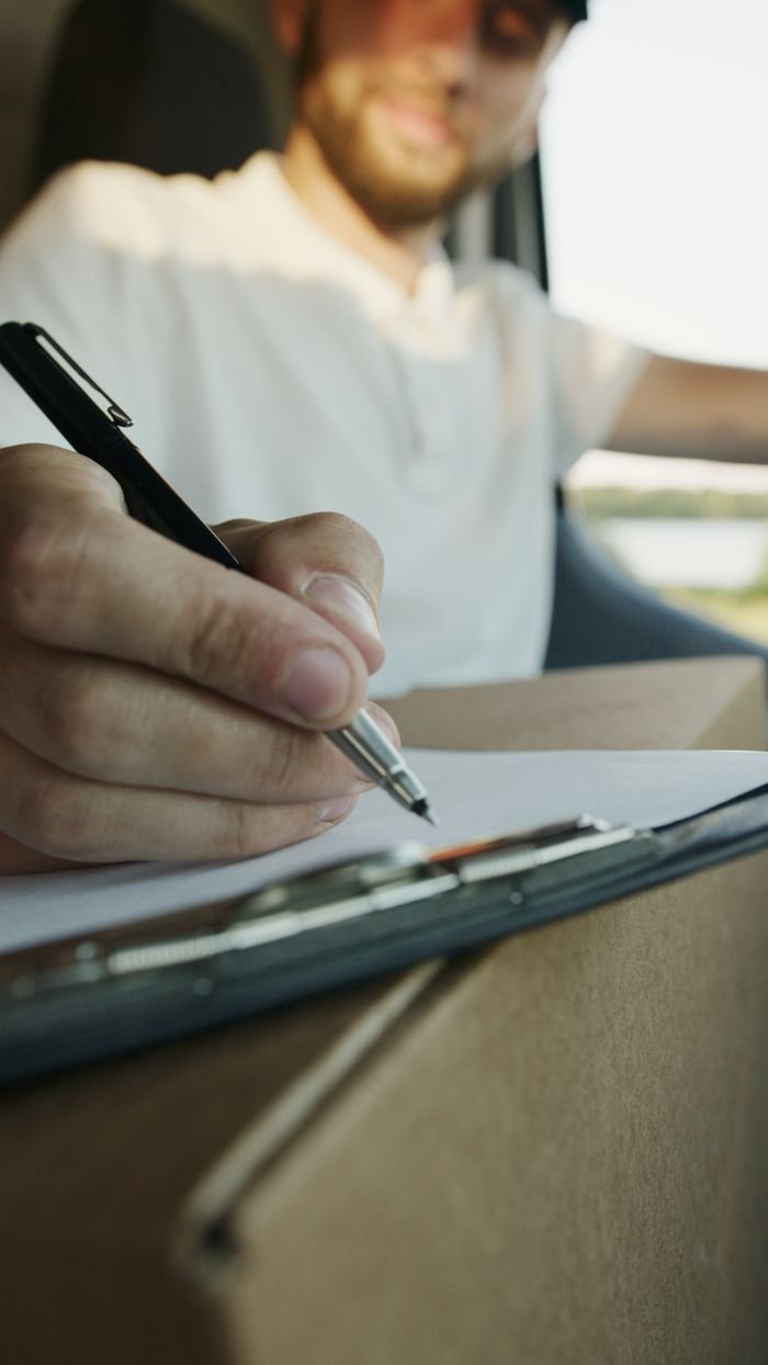 faq-img Close-up of a delivery driver writing on a clipboard while holding a package inside a vehicle.